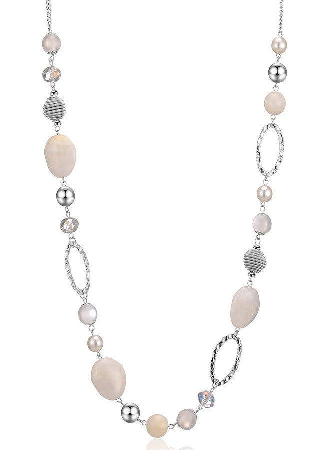 BULINLIN Beaded Long Necklace for Women Silver Sweater Chain Necklace with Crystal Resin Beads, Fashion Jewelry Necklace(White) - Image 1